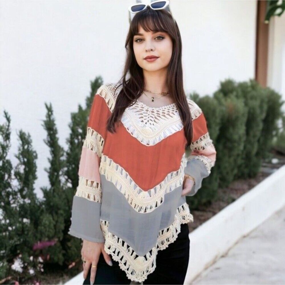Crochet Women M Top Boho Beachy Cover Up Like Free People Earthy Hippie Blue